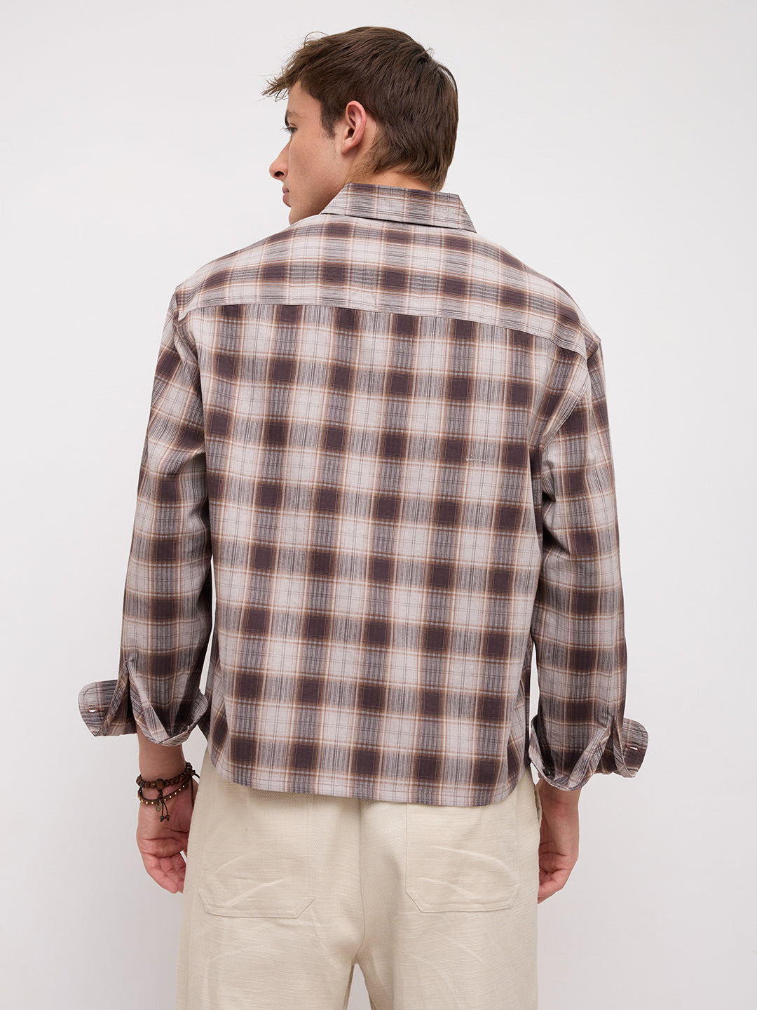 Coffee Haze Plaid Checks Boxy Fit Crop Shirt