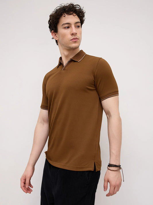 Chocolate Brown Striped Weave Polo Tee