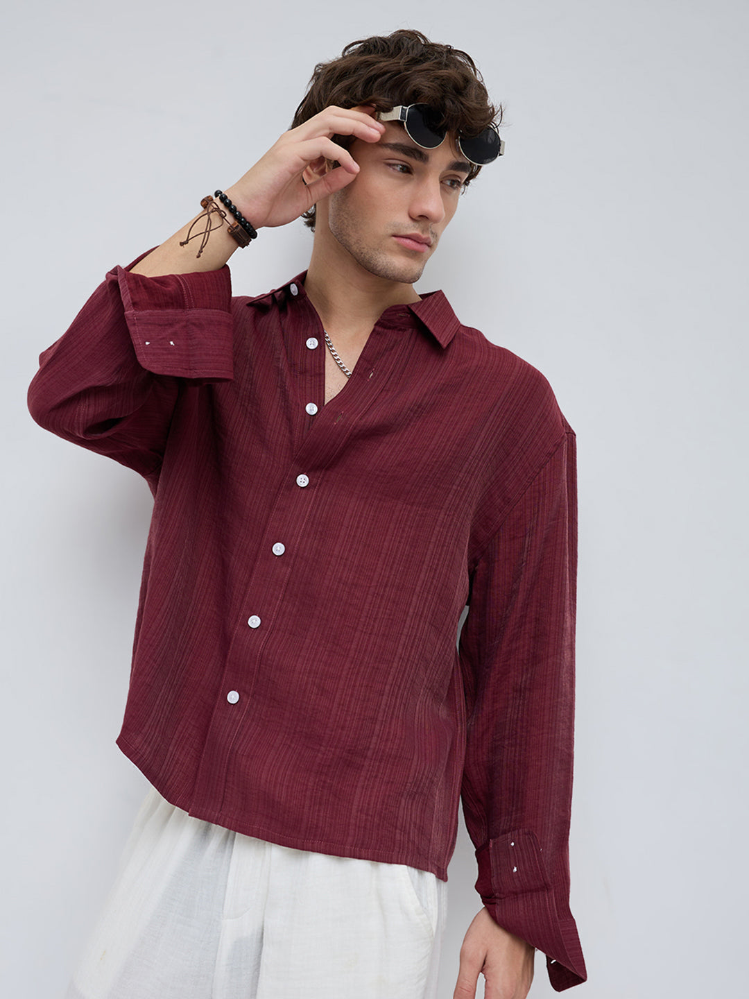 Crimpson Red Textured Boxy Fit Crop shirt