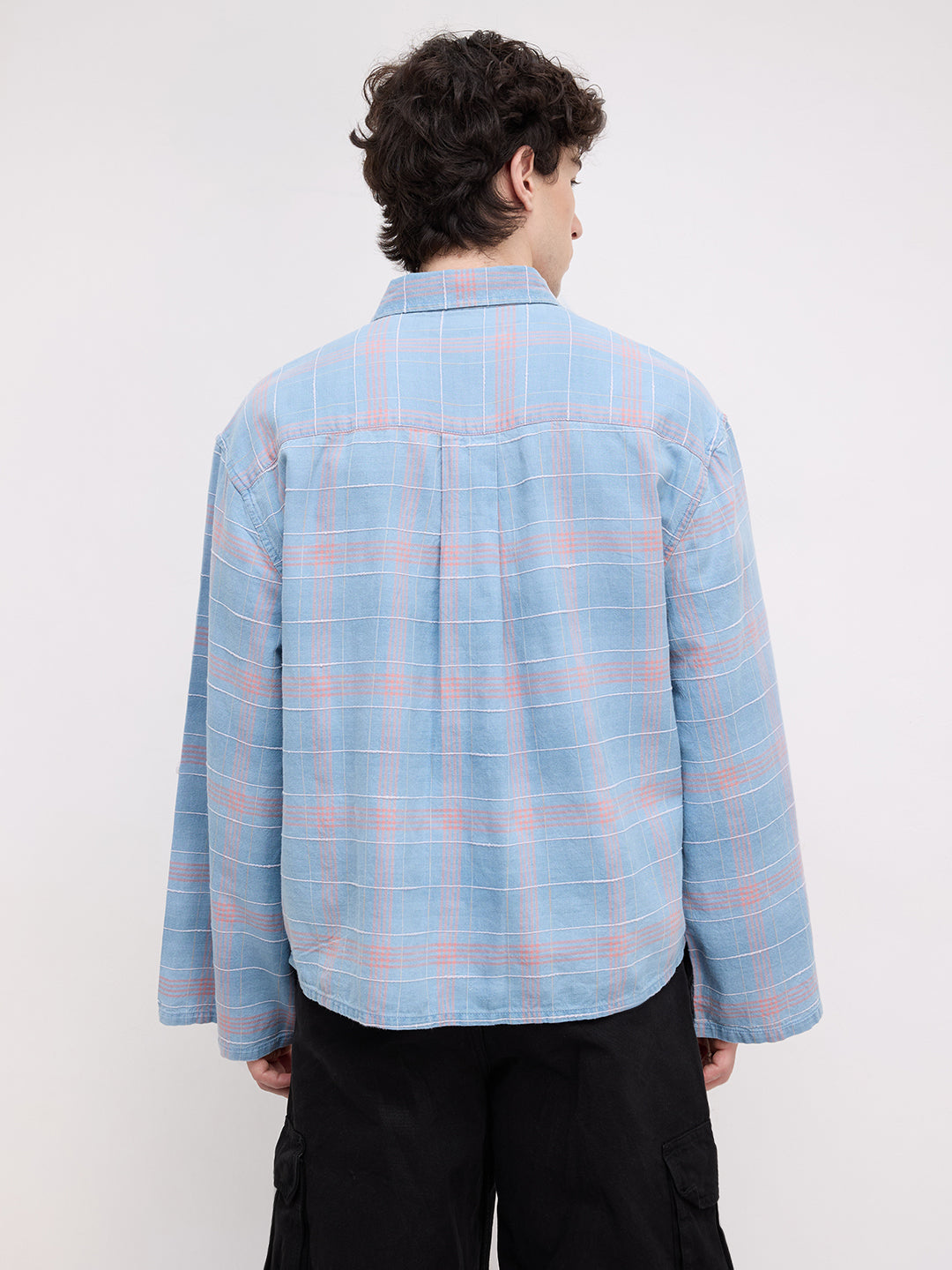 Denim Contrast Square Checks Cuffless Oversized Crop Shirt
