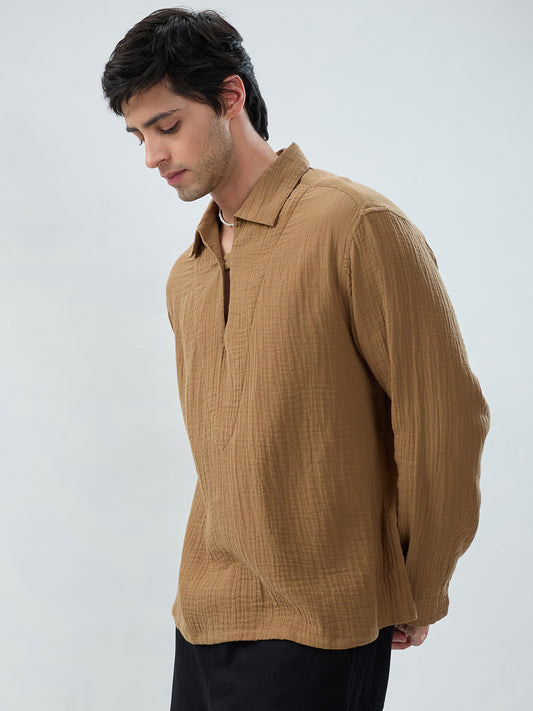 Warm Tan Textured Cuffless Double Cloth Oversized Shirt