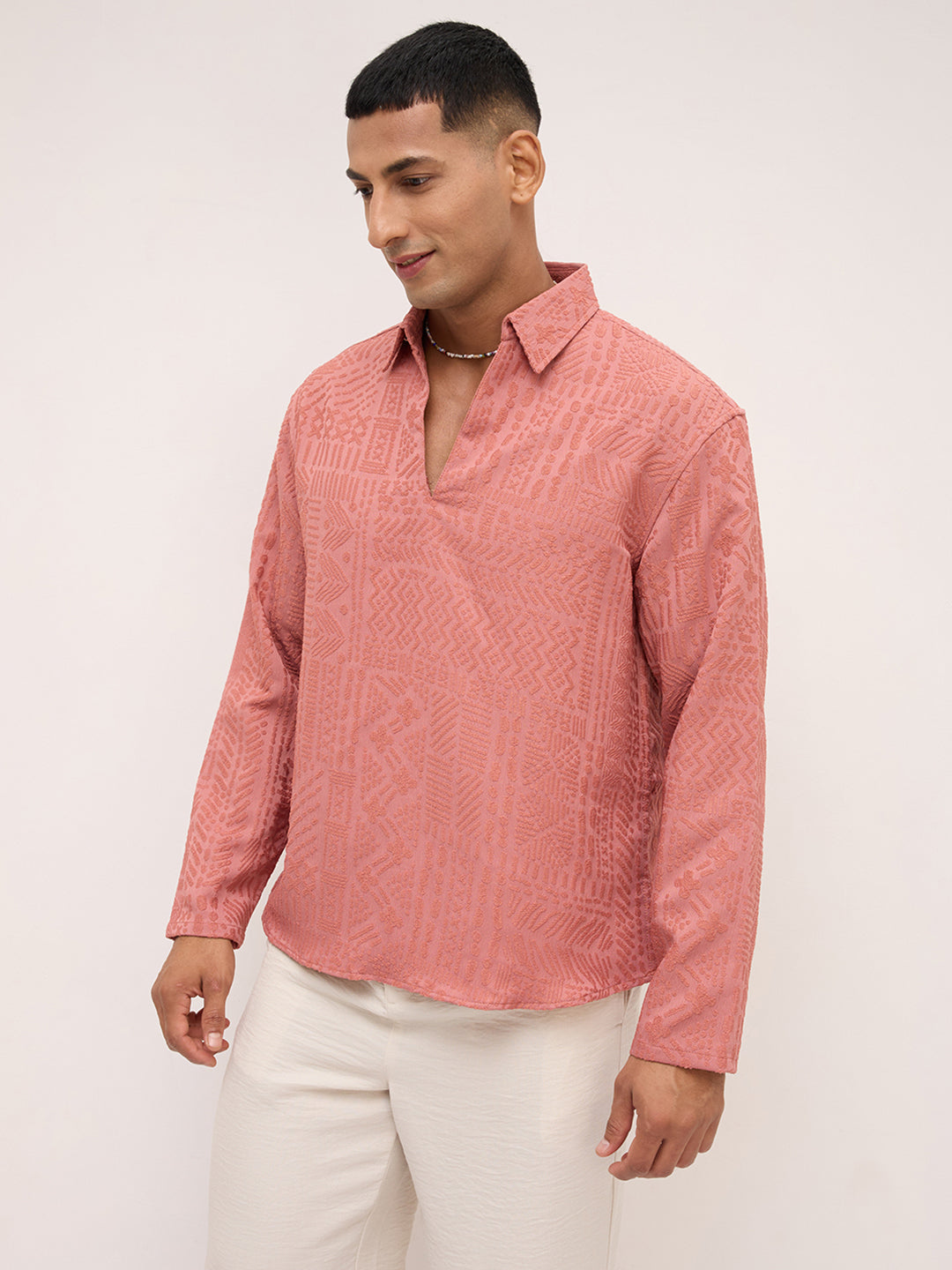 Intricate Soft Coral Textured Oversized Polo Neck Shirt
