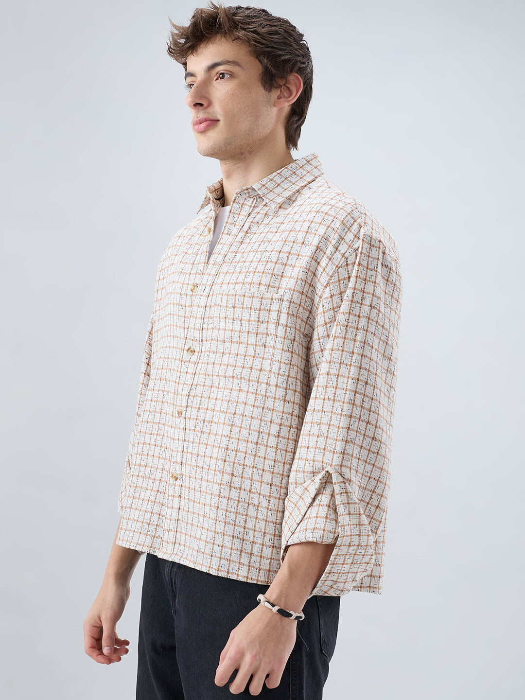 White & Brown Interweave Textured Cuffless Oversized Crop Shirt