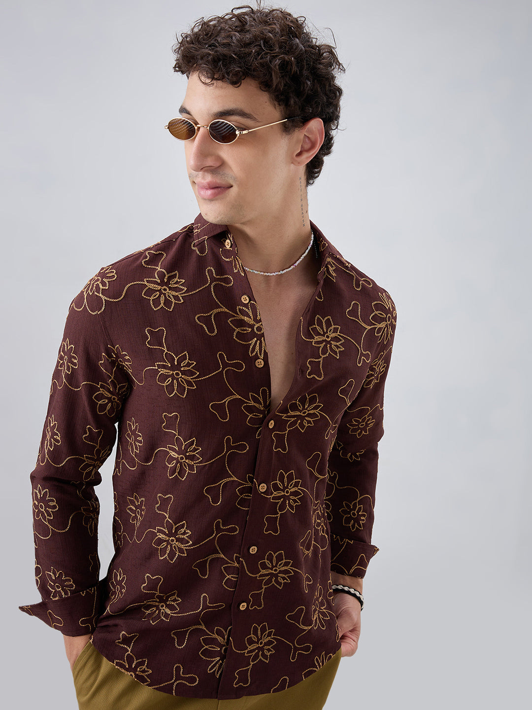 Brown Slub Textured Floral Contrast Embroidered Shirt