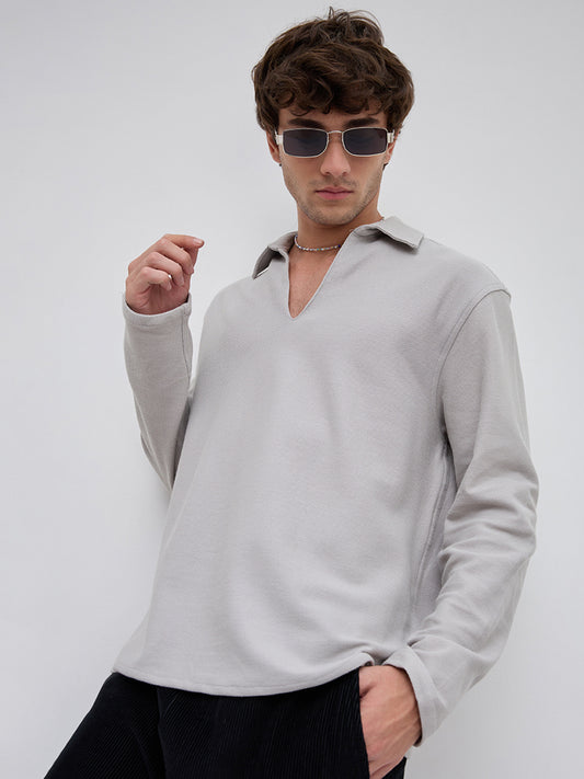 Grey Honeycomb Textured Knitted Oversized Polo Shirt