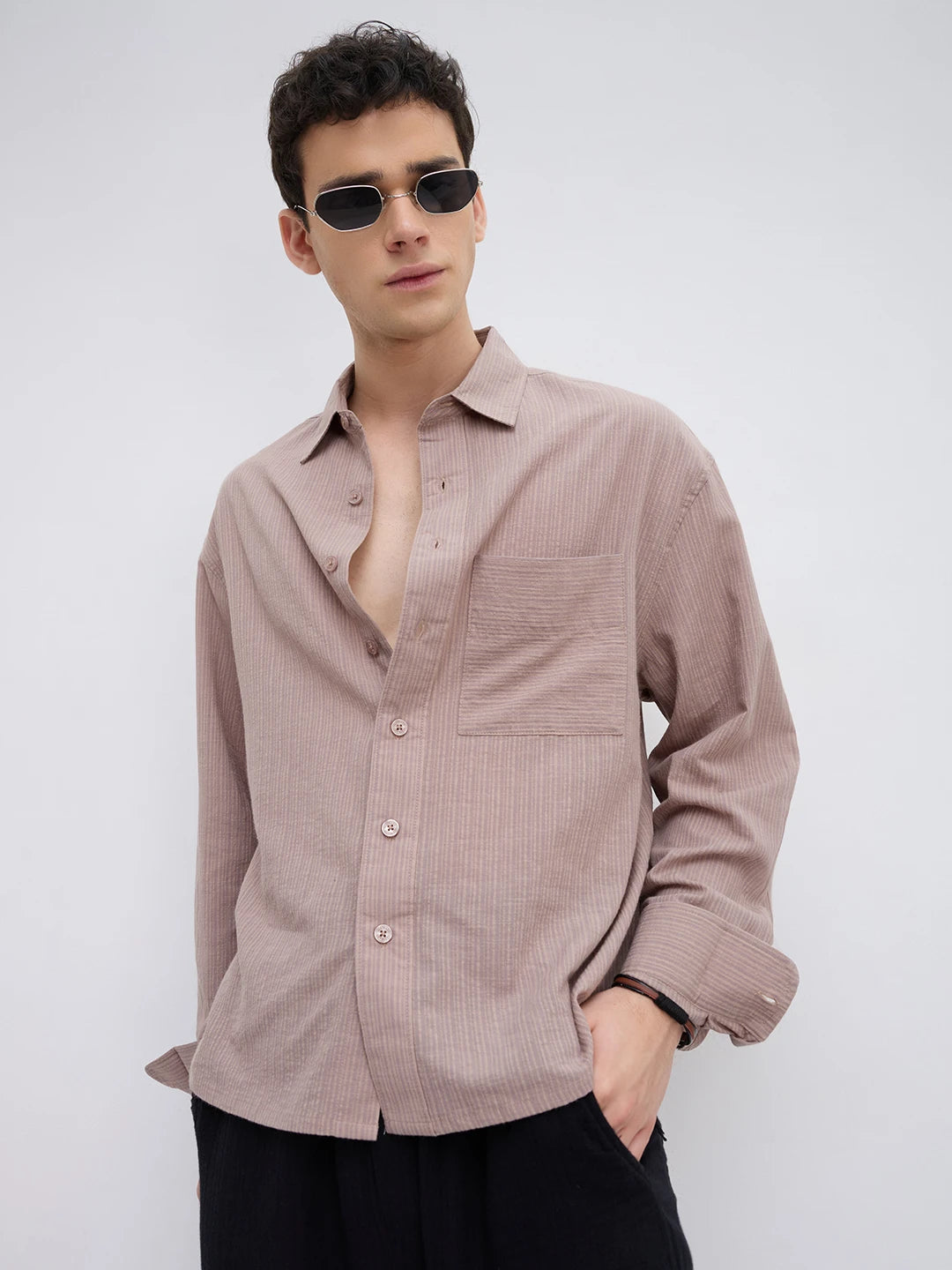 Taupe Brown Fine Striped Boxy Fit Crop Shirt