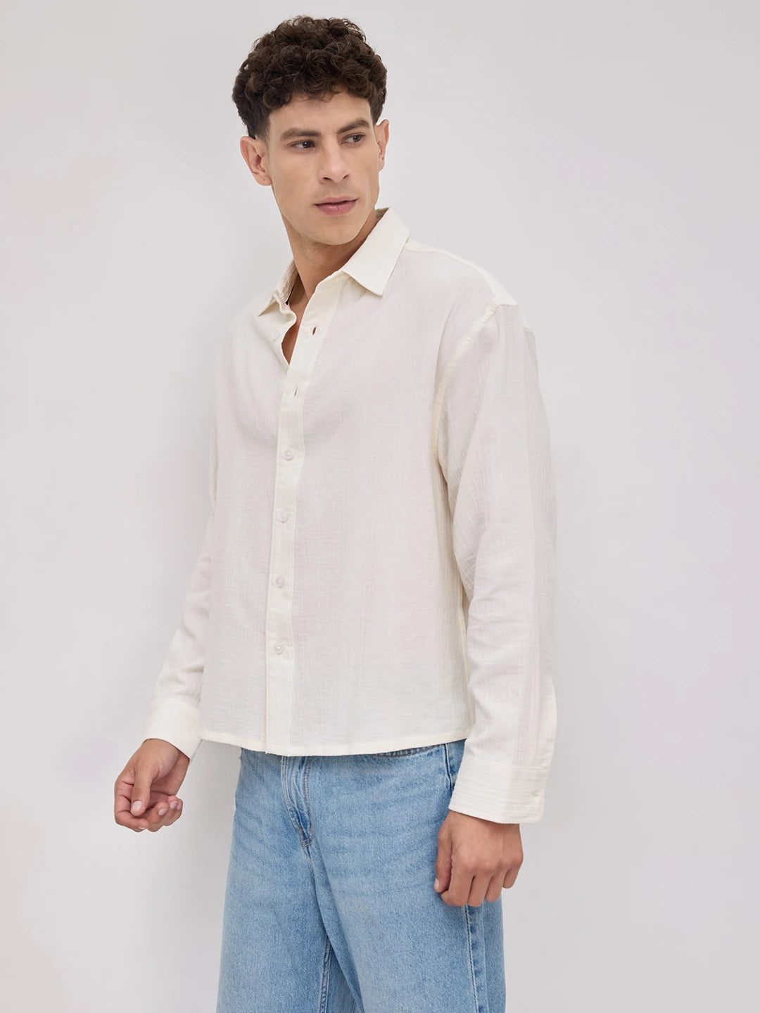 Pearl White Double Cloth Seersucker Striped Boxy Fit Crop Shirt