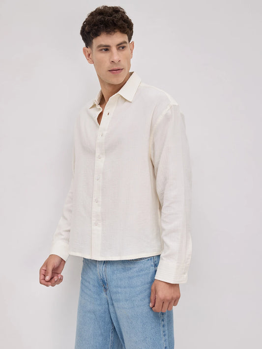 Pearl White Double Cloth Seersucker Striped Boxy Fit Crop Shirt