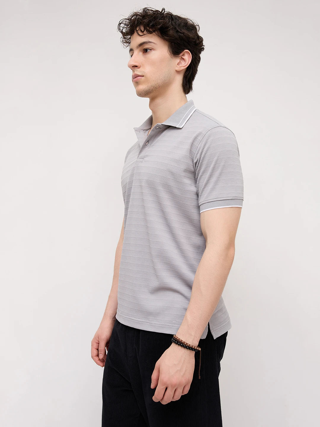 Silver Grey Horizontal Stripe Contrast Polo Knit T-Shirt