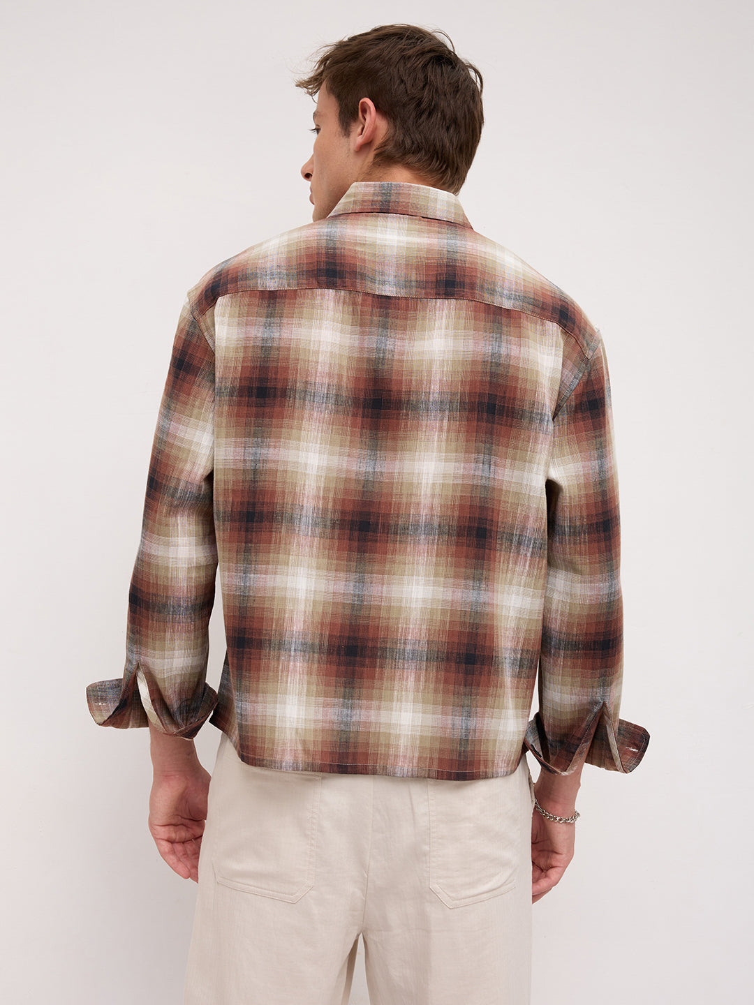 Brown & White Plaid Checks Boxy Fit Crop Shirt