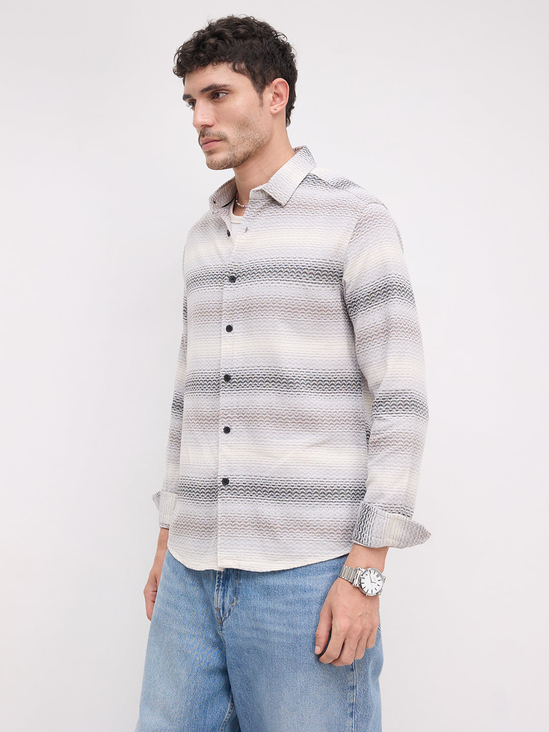 Grey Jacquard Wave Pattern Striped Shirt