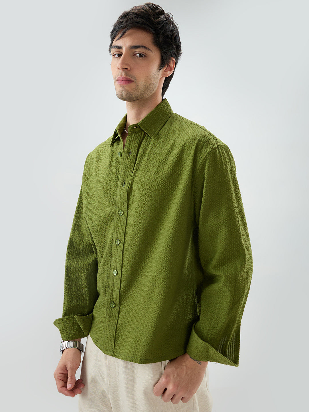 Basil Green Seersucker Striped Boxy Fit Crop Shirt
