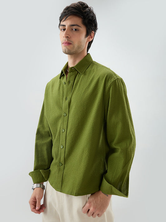 Basil Green Seersucker Striped Boxy Fit Crop Shirt