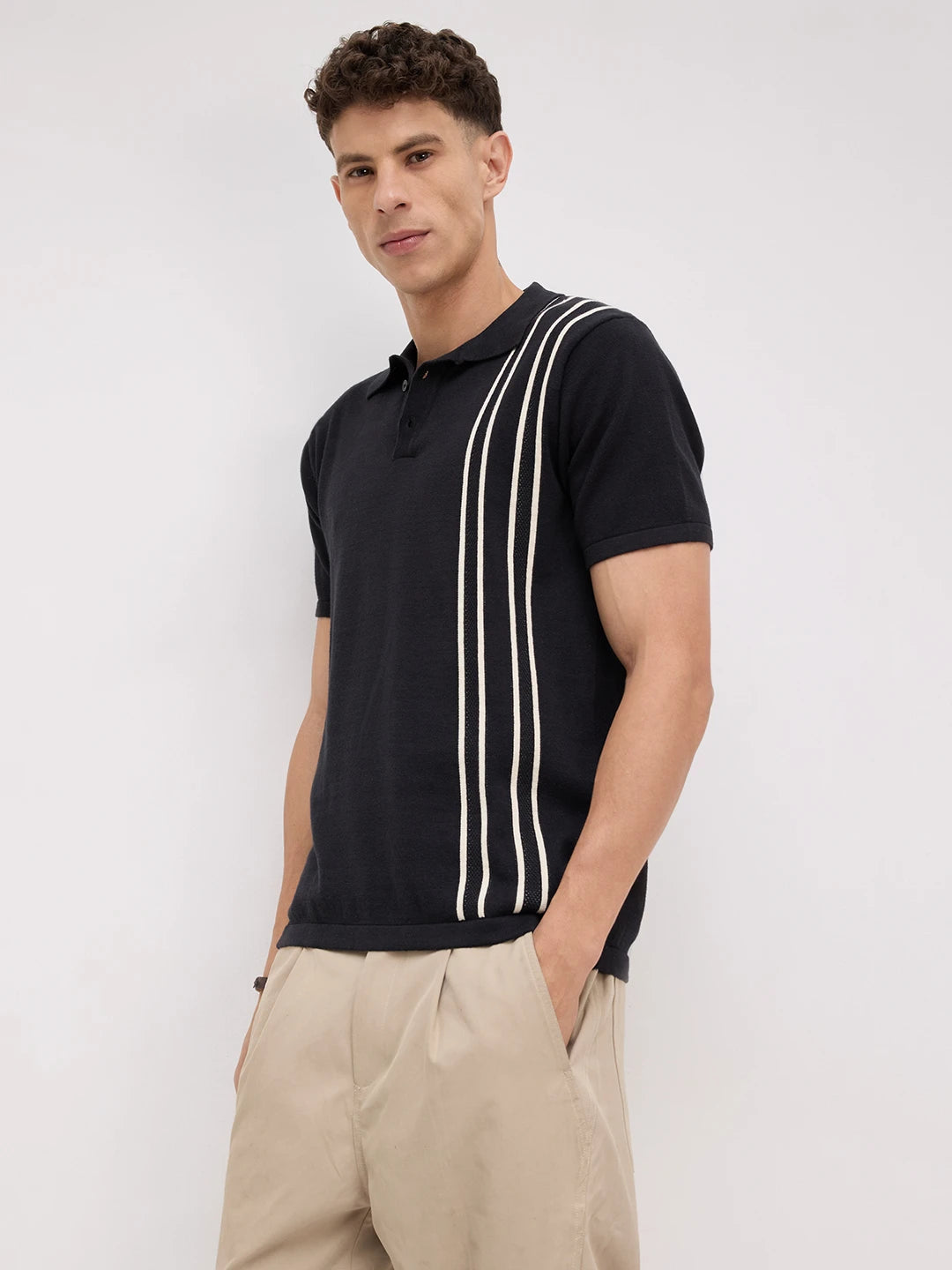 Black Contrast Vertical Striped Flat Knit Polo T-Shirt