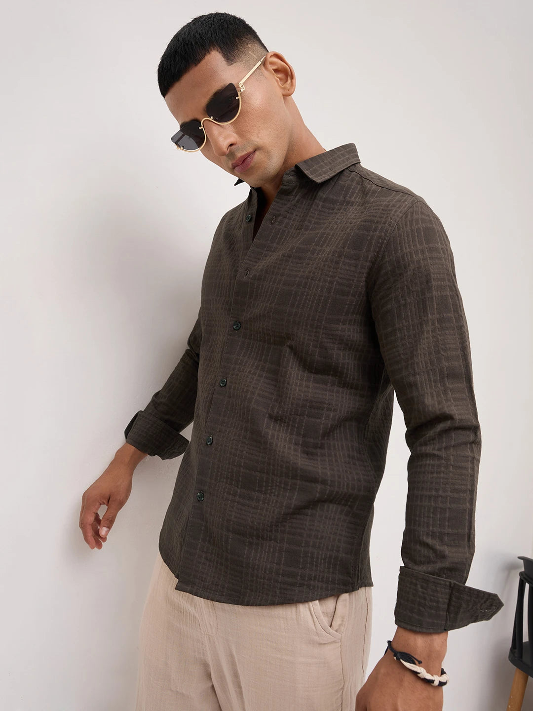 Coffee Brown Ledger Checks Double Cloth Shirt