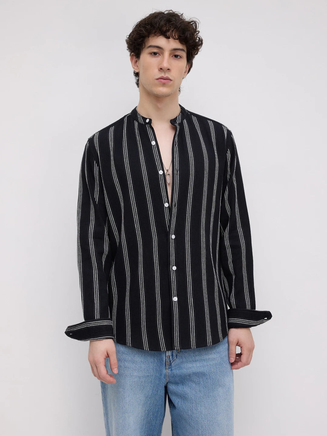 Black & White Vertical Striped Mandarin Shirt