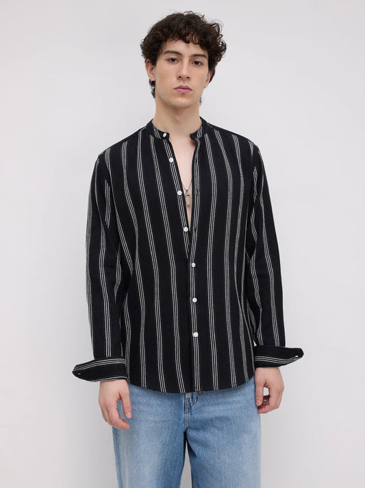 Black & White Vertical Striped Mandarin Shirt