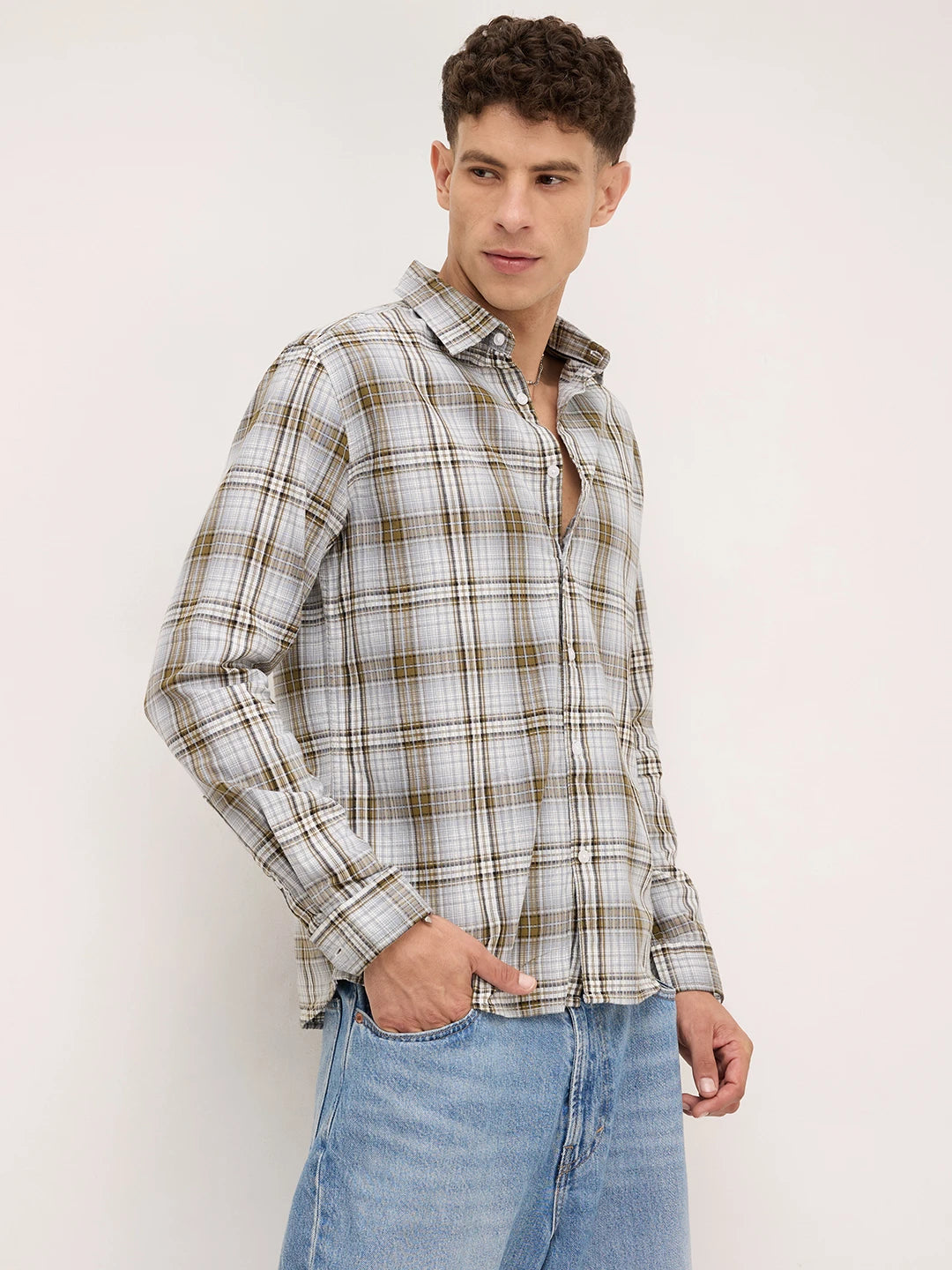 Olive & Grey Fine Striped Plaid Checks Shirt
