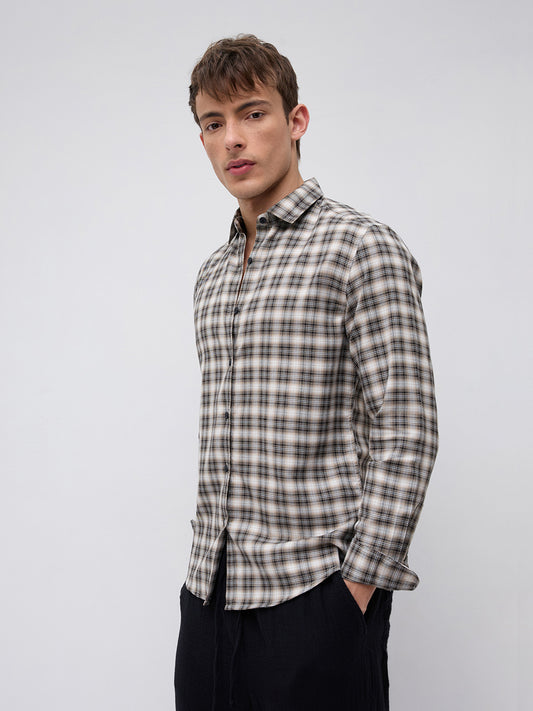 Beige & Black Interlock Plaid Checks Textured Shirt
