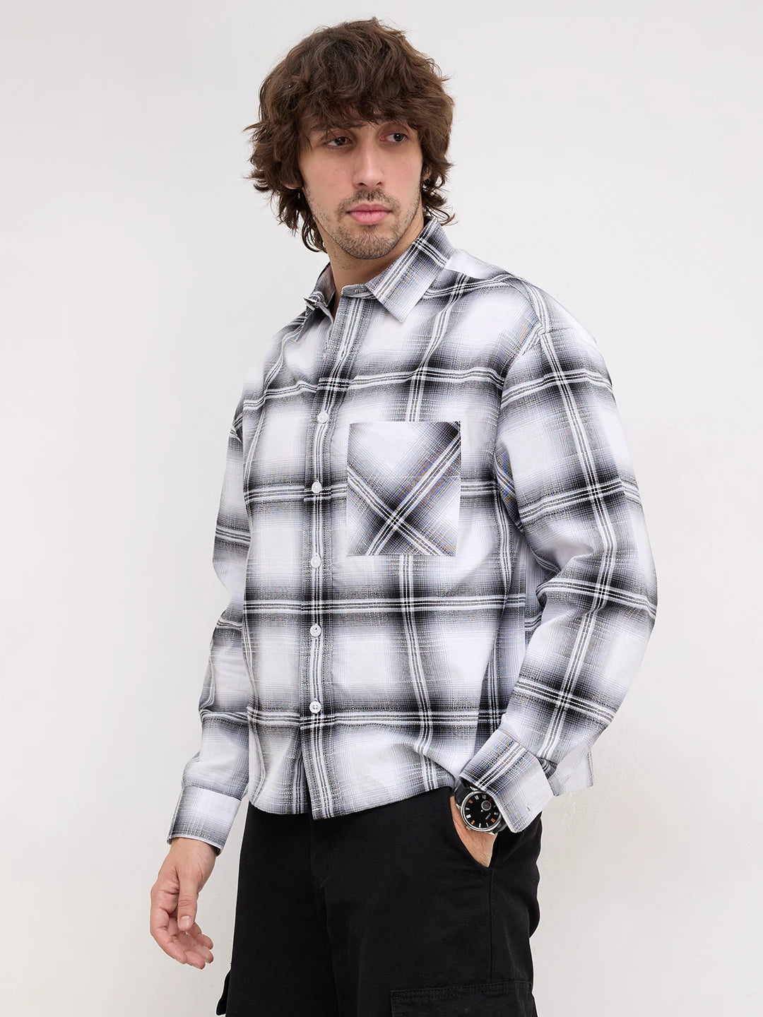 Rich Monochrome Plaid Shadow Checks Boxy Fit Crop Shirt