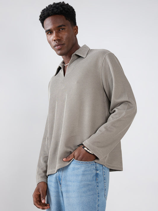 Steel Grey Refined Textured Knitted  Oversized Polo Shirt
