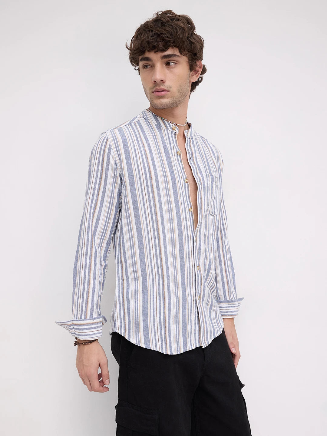 Blue & White Vertical Stripes Mandarin Shirt