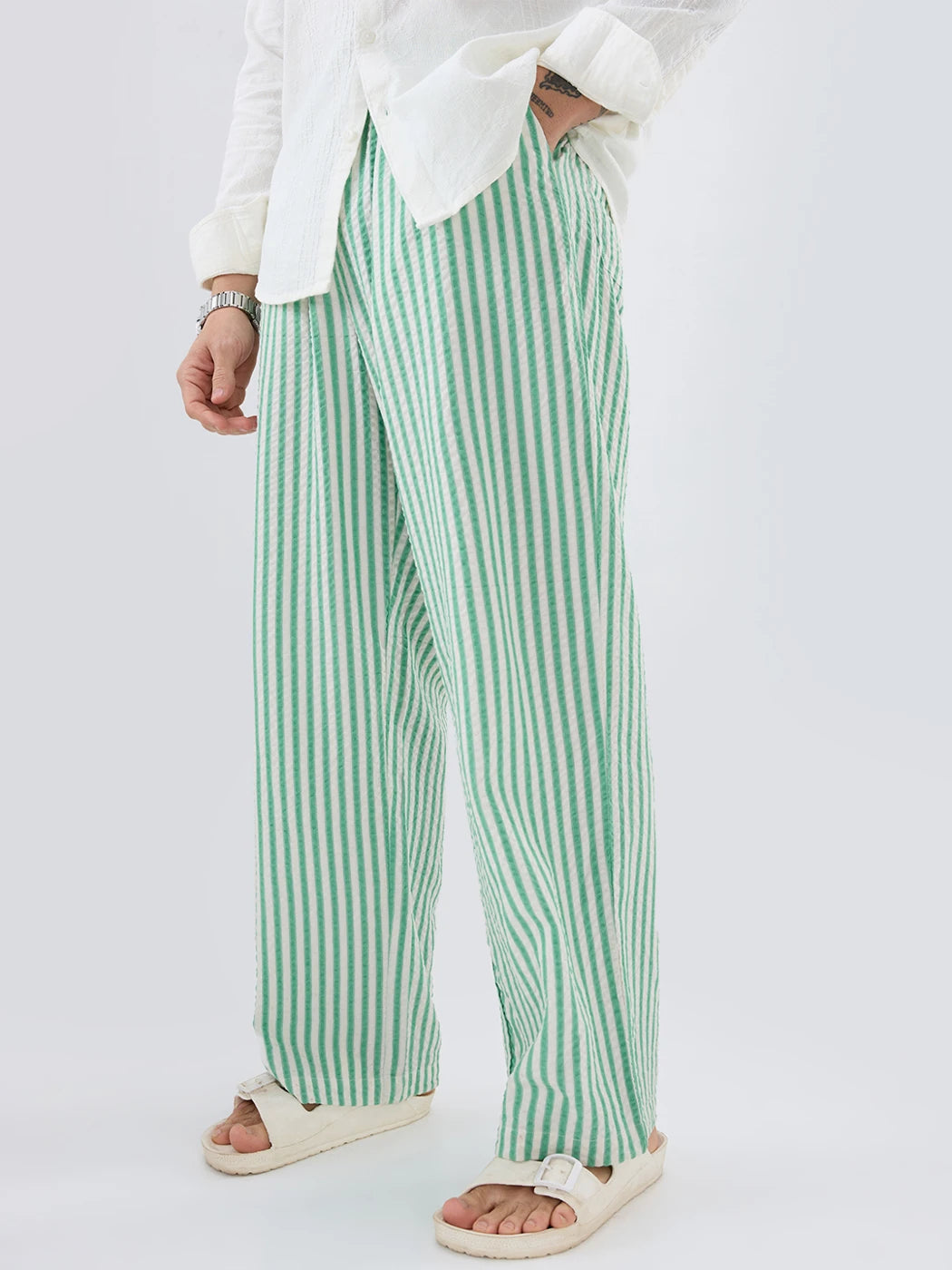 Jade Green Seersucker Candy Striped Straight Fit Trousers