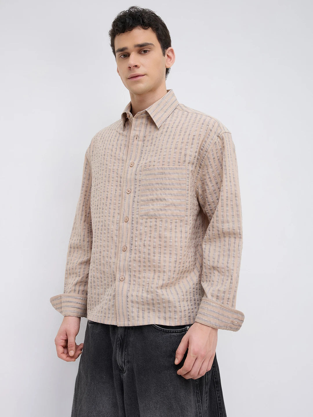 Taupe Beige Fine Striped Boxy Fit Crop Shirt