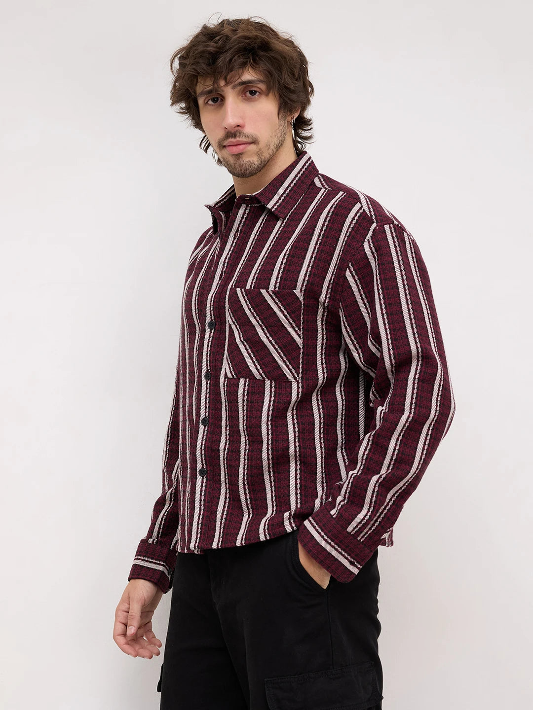 Maroon Contrast Striped Wintercrest Flannel Boxy Fit Crop Shirt