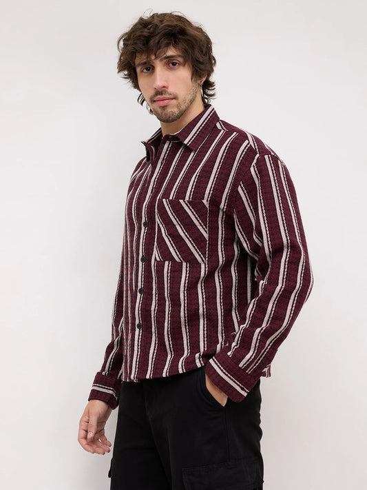 Maroon Contrast Striped Wintercrest Flannel Boxy Fit Crop Shirt
