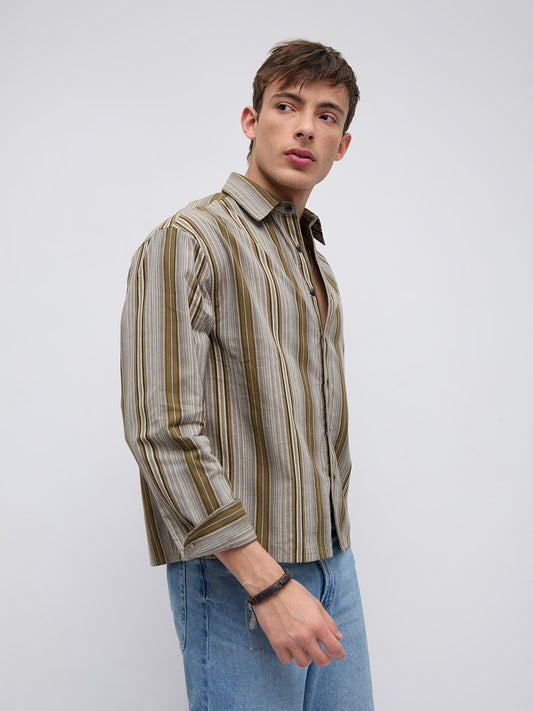 Khaki Multi Stripe Flow Boxy Fir Crop Shirt