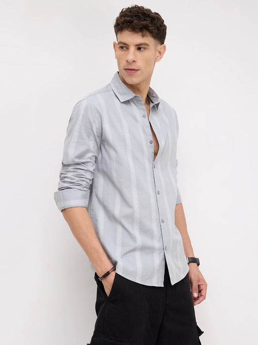 Bluish Grey Textured Striped Weave Shirt