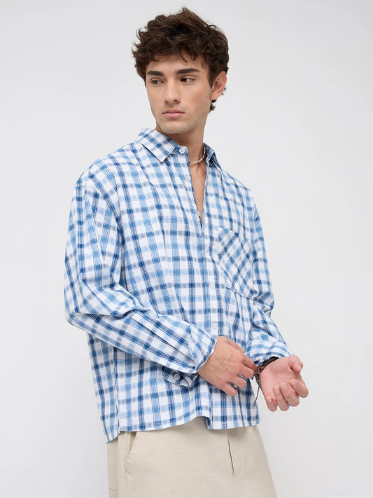 Denim Marine Ivory Interlock Framed Check Boxy Fit Crop Shirt