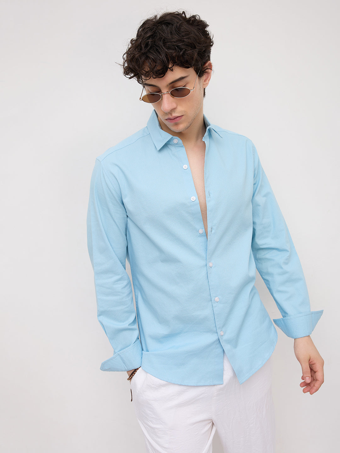 Sky Blue Micro Basket Weave Shirt