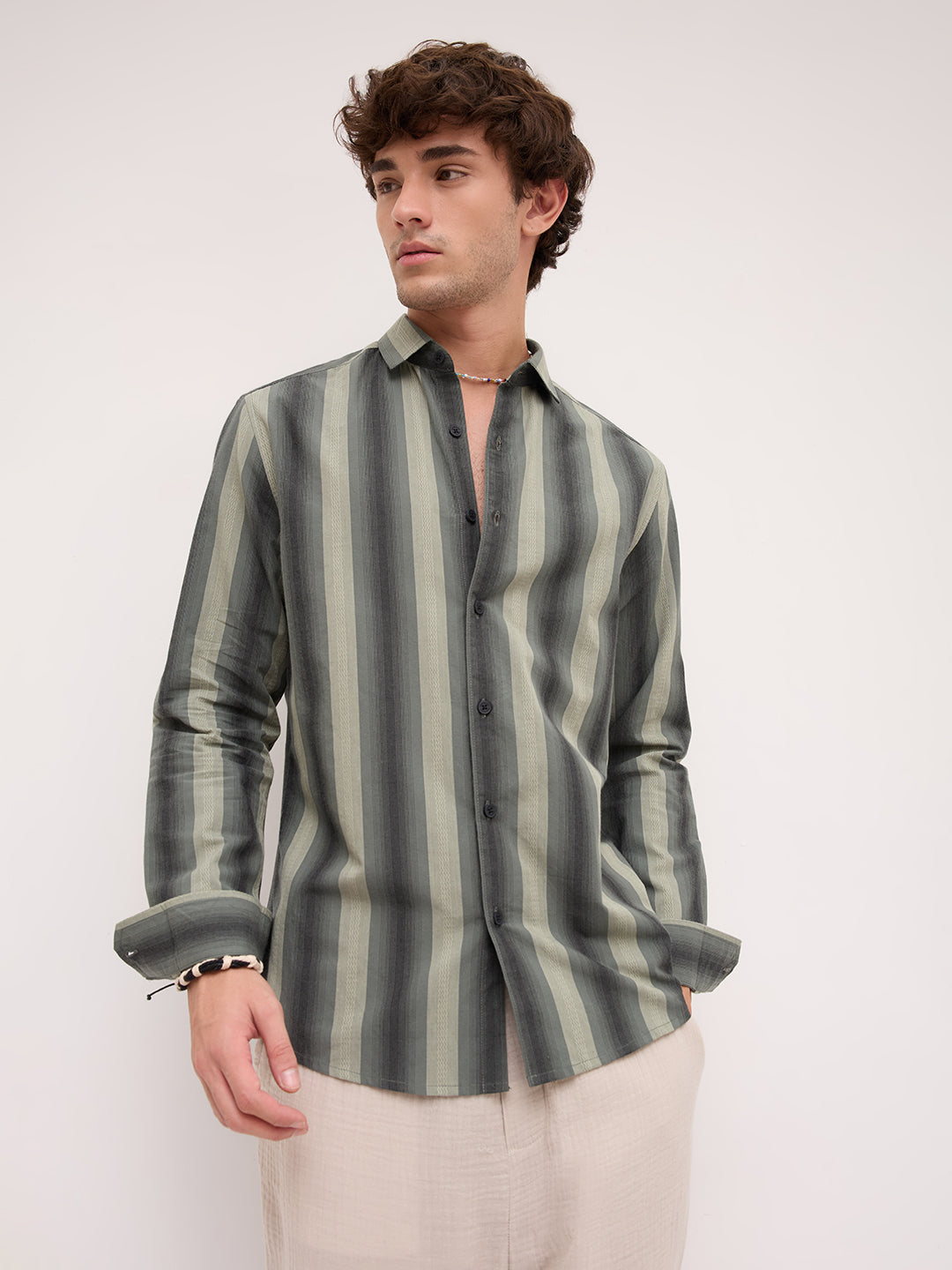 Olive Atrisan Shadow Woven Striped Statement Shirt