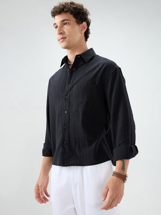 Deep Black Grid Jacquard Weave Boxy Fit Crop Shirt