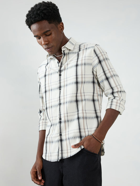 Premium White & Grey Soft Textured Checks Shirt