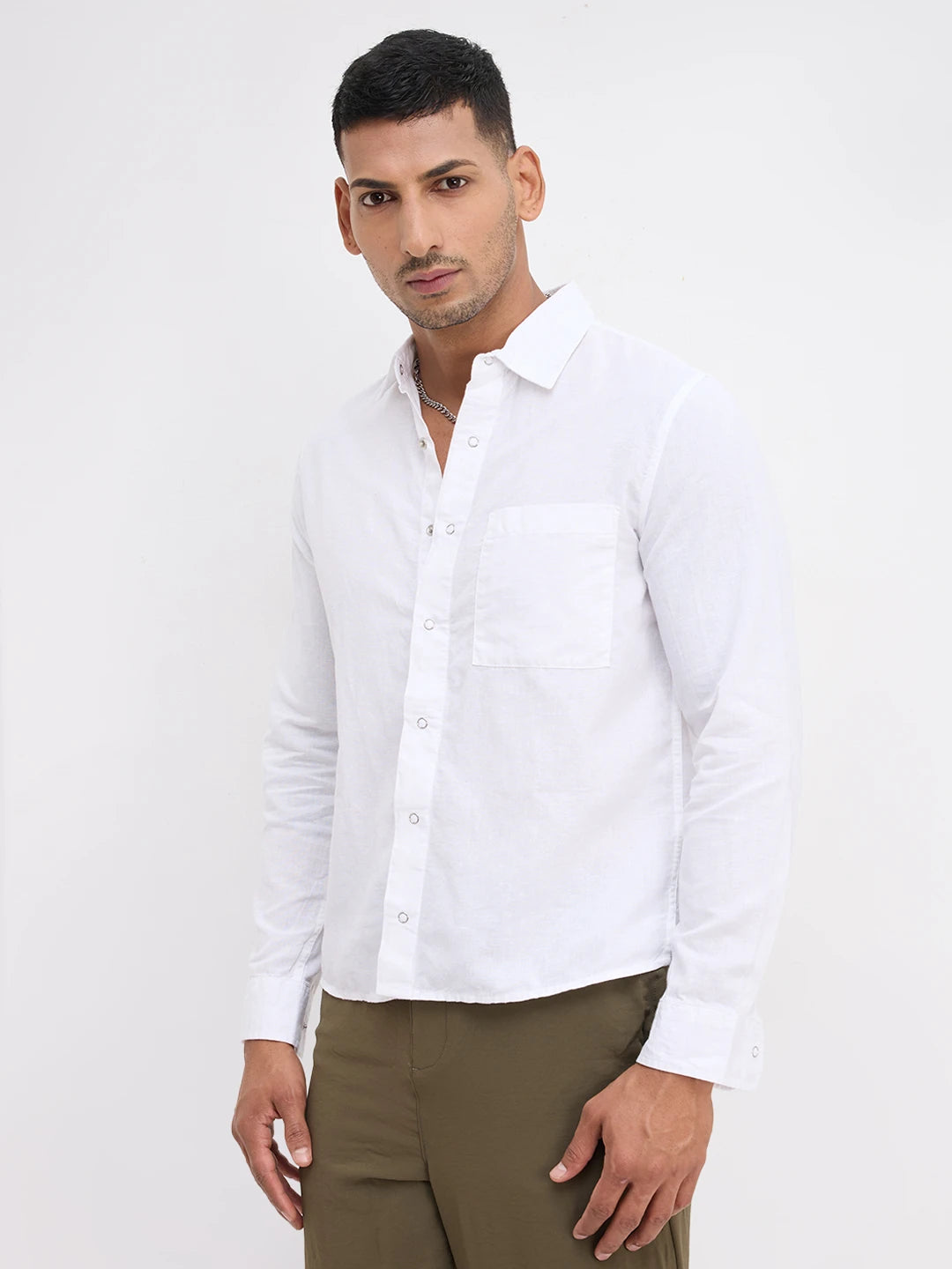 Solid Chalk White Straight Hem Crop Shirt