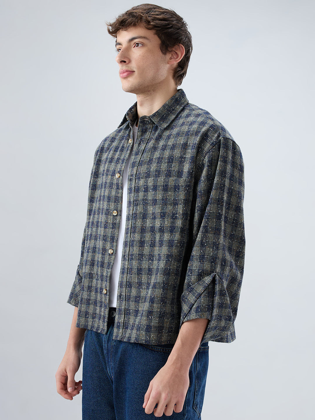 Riwaayat Glossy Olive Checked Oversized Crop Shirt