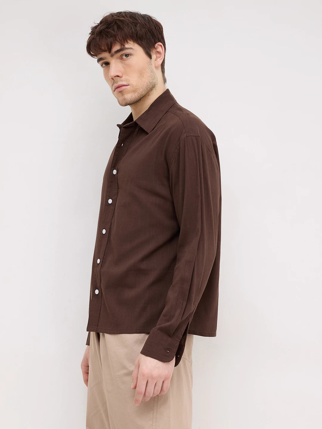 Refined Luxe Brown Boxy Fit Crop Shirt