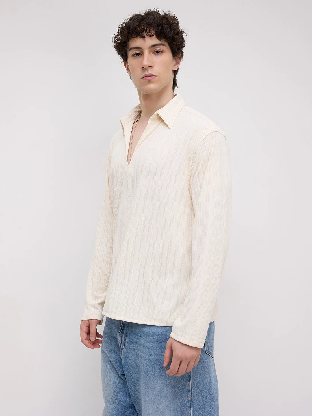 Ivory Linework Airknit Oversized Polo Shirt