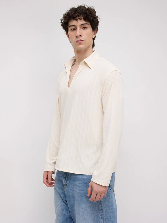 Ivory Linework Airknit Oversized Polo Shirt