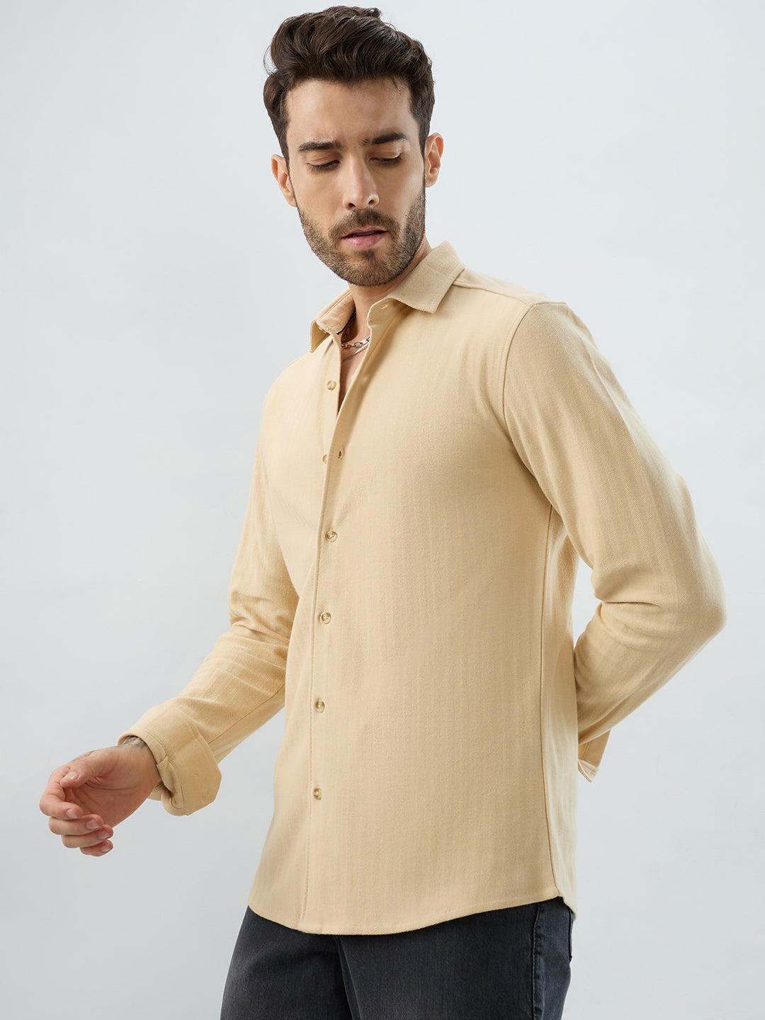 Soft Beige Herringbone Knit Shirt