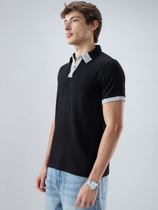 Rich Black Contrast Polo Neck Knit T-shirt