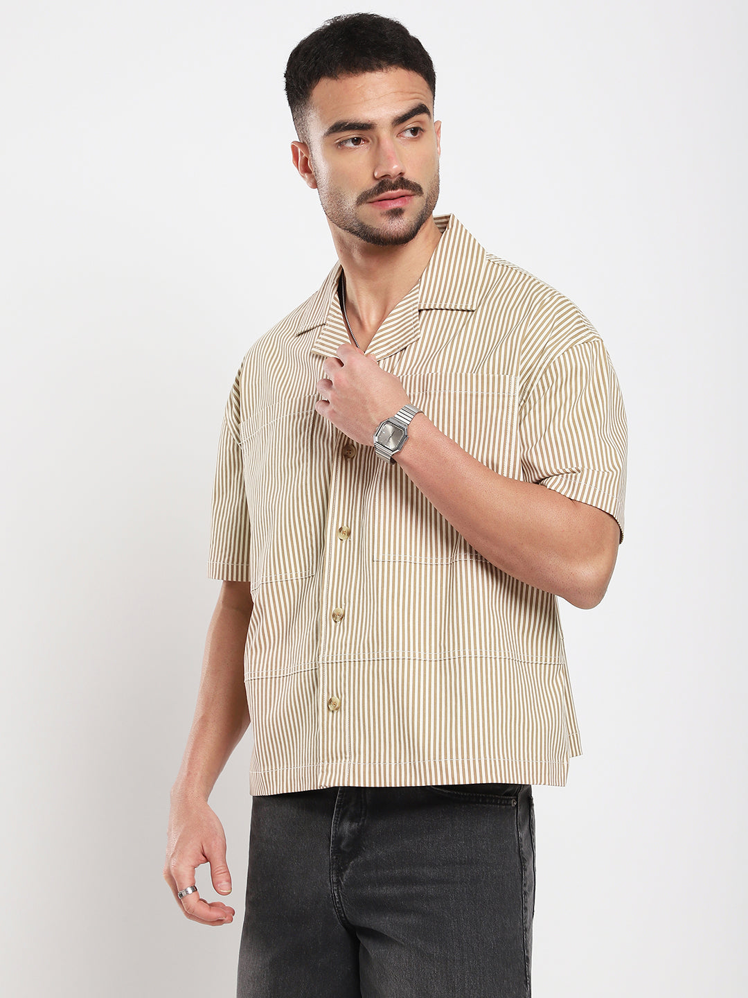 Walnut Brown Pinstripe Oversized Twin Pocket Crop Shirt
