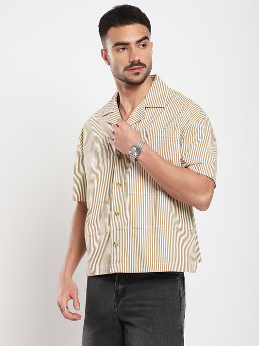 Walnut Brown Pinstripe Oversized Twin Pocket Crop Shirt