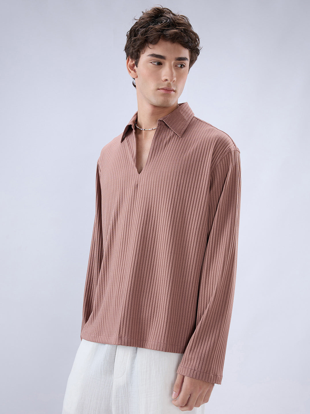 Warm Peach Dual Weave Striped Oversized Polo Knit Shirt
