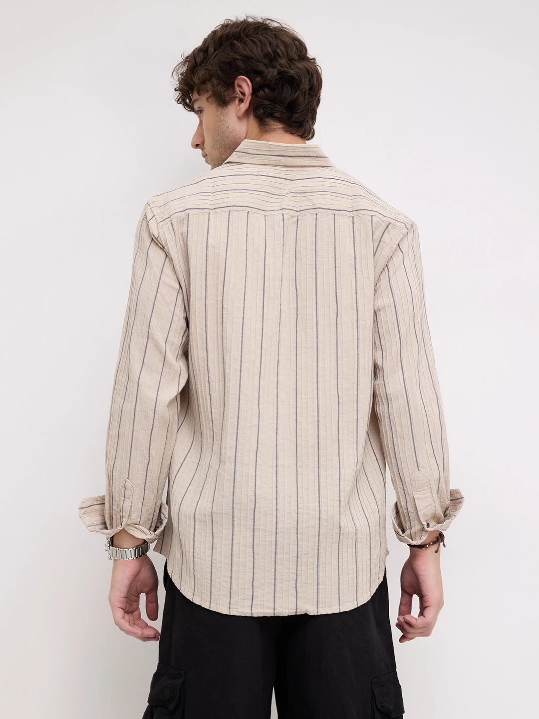 Intricate Beige & Navy Raised Striped Shirt