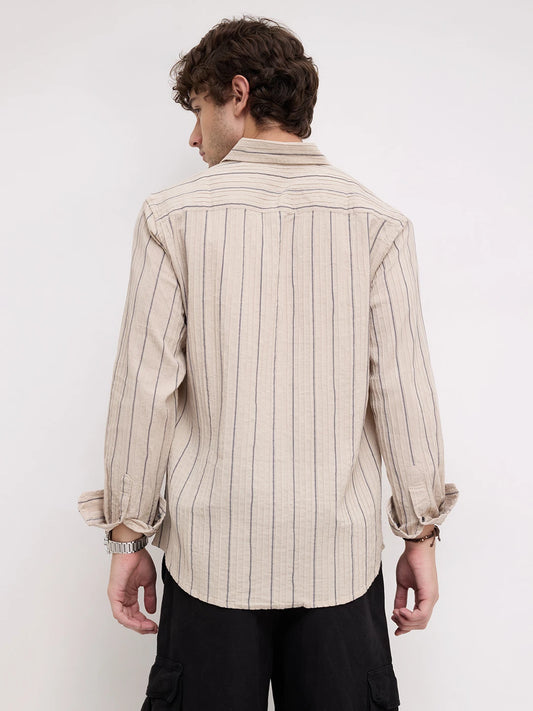 Intricate Beige & Navy Raised Striped Shirt