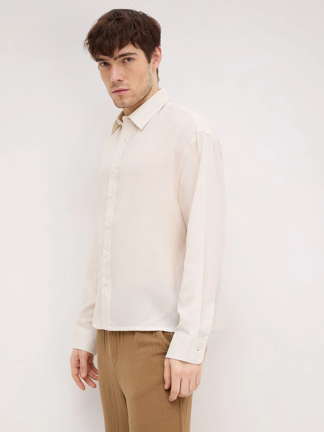 Classic Bisque Beige Boxy Fit Crop Shirt